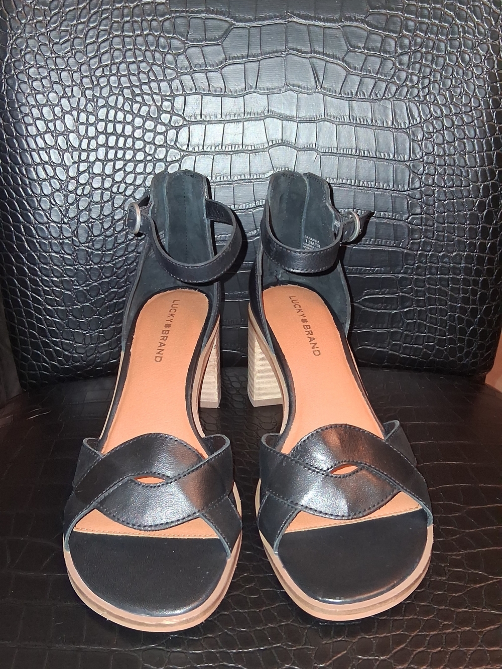 Lucky Brand Black Leather Ankle-Strap Block Heel Sandals